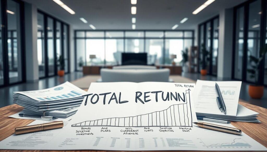 a highly detailed, photorealistic image of a total return investment strategy, depicting a well-diversified portfolio of stocks, bonds, and alternative investments. The foreground shows a hand-drawn graph or chart illustrating the concept of total return, with clear labels and data visualization. The middle ground features various financial instruments such as stock certificates, bond documents, and investment reports, arranged in a visually appealing manner. The background showcases a modern, minimalist office setting with clean lines, large windows, and subtle lighting, conveying a sense of professionalism and financial expertise. The overall composition should evoke a sense of financial stability, long-term growth, and disciplined investing approach. a highly detailed, photorealistic image of a total return investment strategy, depicting a well-diversified portfolio of stocks, bonds, and alternative investments. The foreground shows a hand-drawn graph or chart illustrating the concept of total return, with clear labels and data visualization. The middle ground features various financial instruments such as stock certificates, bond documents, and investment reports, arranged in a visually appealing manner. The background showcases a modern, minimalist office setting with clean lines, large windows, and subtle lighting, conveying a sense of professionalism and financial expertise. The overall composition should evoke a sense of financial stability, long-term growth, and disciplined investing approach.