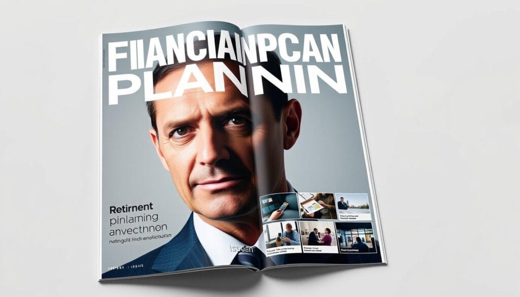 a magazine cover for a financial planning publication, the front page featuring a close-up photograph of a professional financial advisor in a suit, their face visible in a pensive expression, with a large title "FINANCIAL PLANNING" in a bold, modern typeface dominating the top third of the frame, the middle third containing a grid of small thumbnail images showcasing topics like retirement planning, investment strategies, and tax optimization, the bottom third featuring a subtle yet sophisticated magazine nameplate and issue number in a clean, minimalist layout, the entire cover framed by a muted color palette of grays, blues, and greens to convey a sense of stability and authority, the lighting soft and directional to highlight the subject's face and create a sense of depth and dimensionality a magazine cover for a financial planning publication, the front page featuring a close-up photograph of a professional financial advisor in a suit, their face visible in a pensive expression, with a large title "FINANCIAL PLANNING" in a bold, modern typeface dominating the top third of the frame, the middle third containing a grid of small thumbnail images showcasing topics like retirement planning, investment strategies, and tax optimization, the bottom third featuring a subtle yet sophisticated magazine nameplate and issue number in a clean, minimalist layout, the entire cover framed by a muted color palette of grays, blues, and greens to convey a sense of stability and authority, the lighting soft and directional to highlight the subject's face and create a sense of depth and dimensionality