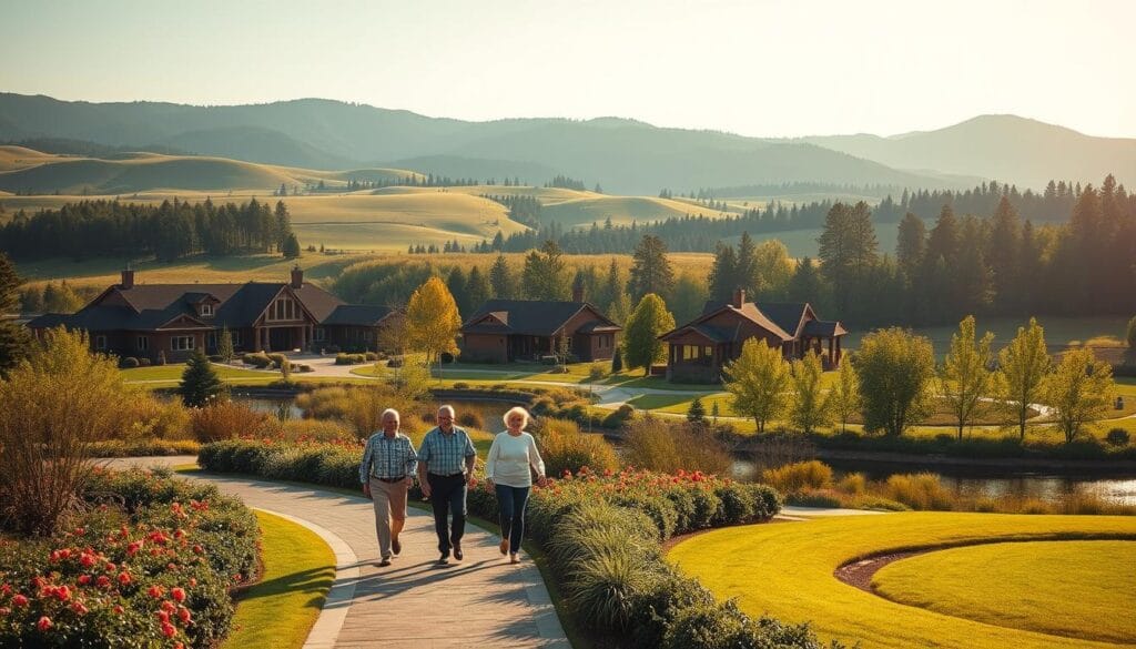 a peaceful, scenic retirement community nestled in a lush, rolling countryside. in the foreground, a group of active seniors enjoying an afternoon stroll along a well-manicured path, surrounded by flourishing gardens and tranquil ponds. in the middle ground, a collection of elegant, single-story residences with warm, earthy tones and architectural details that blend seamlessly with the natural landscape. in the background, a range of gentle hills and towering trees, bathed in soft, golden sunlight that creates a serene, inviting ambiance. the overall scene conveys a sense of comfort, community, and connection to the natural world, reflecting the regional variations in senior living experiences across the country. a peaceful, scenic retirement community nestled in a lush, rolling countryside. in the foreground, a group of active seniors enjoying an afternoon stroll along a well-manicured path, surrounded by flourishing gardens and tranquil ponds. in the middle ground, a collection of elegant, single-story residences with warm, earthy tones and architectural details that blend seamlessly with the natural landscape. in the background, a range of gentle hills and towering trees, bathed in soft, golden sunlight that creates a serene, inviting ambiance. the overall scene conveys a sense of comfort, community, and connection to the natural world, reflecting the regional variations in senior living experiences across the country.