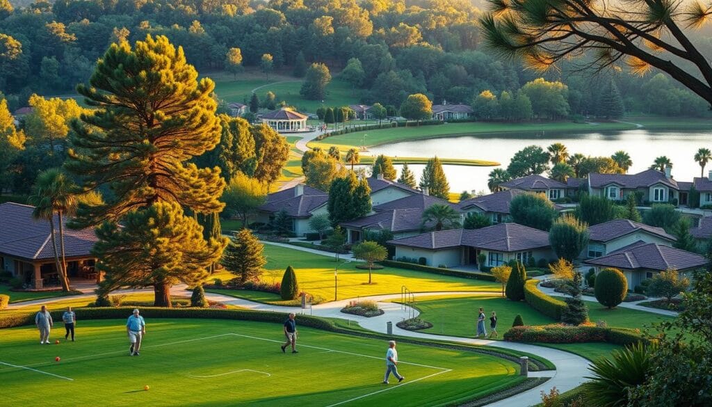 a tranquil retirement community nestled in a lush, verdant landscape, with well-manicured lawns, towering trees, and a picturesque central pavilion. in the foreground, a group of retirees enjoy a leisurely game of bocce ball on a meticulously groomed court, while others stroll along the community's winding pathways, taking in the serene surroundings. the middle ground features a collection of single-story, Mediterranean-style homes with terracotta roofs and neatly trimmed hedges, creating a sense of privacy and seclusion. in the background, a glistening lake reflects the warm, golden light of the setting sun, casting a peaceful glow over the entire scene. the overall atmosphere is one of relaxation, comfort, and a life well-lived. a tranquil retirement community nestled in a lush, verdant landscape, with well-manicured lawns, towering trees, and a picturesque central pavilion. in the foreground, a group of retirees enjoy a leisurely game of bocce ball on a meticulously groomed court, while others stroll along the community's winding pathways, taking in the serene surroundings. the middle ground features a collection of single-story, Mediterranean-style homes with terracotta roofs and neatly trimmed hedges, creating a sense of privacy and seclusion. in the background, a glistening lake reflects the warm, golden light of the setting sun, casting a peaceful glow over the entire scene. the overall atmosphere is one of relaxation, comfort, and a life well-lived.
