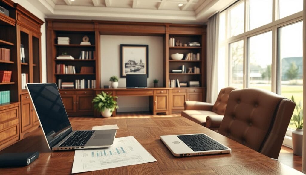 a well-lit, detailed 3D render of a comfortable home office with wooden furniture and bookshelves in the background, a modern laptop computer and financial documents on the desk in the foreground, and a large window overlooking a tranquil suburban neighborhood in the middle ground, creating a serene and professional atmosphere for contemplating bond investments for retirement planning a well-lit, detailed 3D render of a comfortable home office with wooden furniture and bookshelves in the background, a modern laptop computer and financial documents on the desk in the foreground, and a large window overlooking a tranquil suburban neighborhood in the middle ground, creating a serene and professional atmosphere for contemplating bond investments for retirement planning