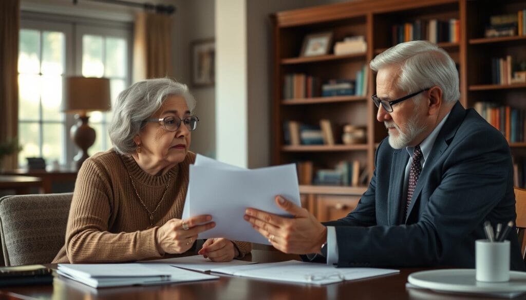 estate planning for seniors, elderly couple sitting at table reviewing documents with financial advisor, mid-shot, warm lighting, soft focus, comfortable home office setting, wooden furniture, bookshelves in background, calm and reassuring atmosphere, couple appears engaged and focused, advisor making a thoughtful gesture, conveying trust and expertise