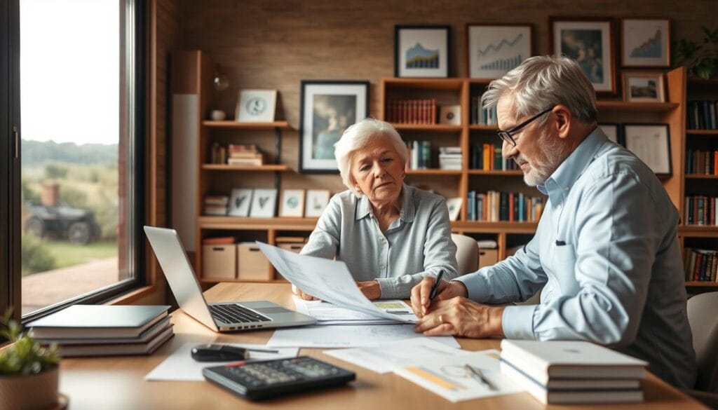 high-quality, detailed image of a comprehensive financial planning services for retirees, captured in a warm, professional style with soft lighting and a focus on key elements. In the foreground, a retiree and financial advisor reviewing financial documents at a table, with a laptop, calculator, and other planning tools visible. In the middle ground, shelves of financial books and framed financial charts on the walls. In the background, a large window overlooking a peaceful, natural landscape, conveying a sense of security and stability. The overall scene should exude an atmosphere of trust, expertise, and a thoughtful, holistic approach to retirement planning.