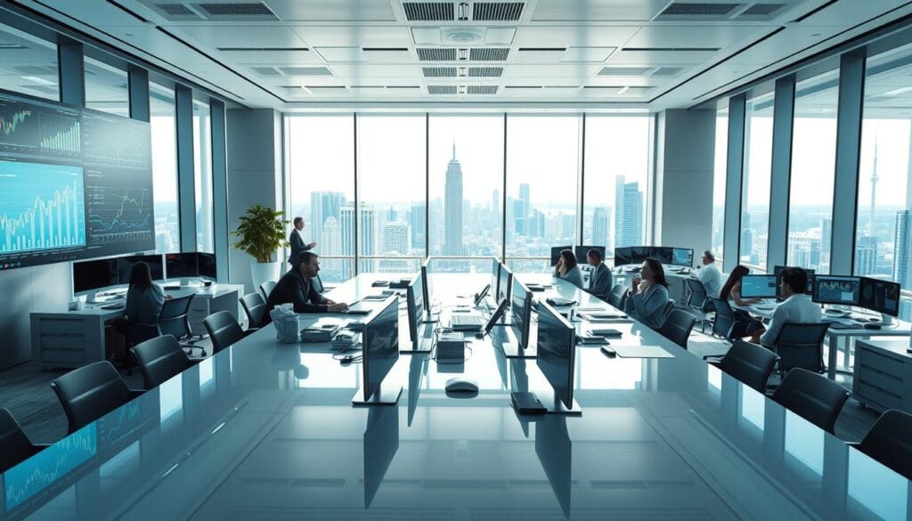 high-quality, detailed, photorealistic image of a modern financial services office interior, featuring a spacious and well-lit workspace with clean, minimalist design elements. The foreground shows a group of business professionals collaborating at a long conference table, surrounded by state-of-the-art computer equipment and financial data visualizations displayed on large screens. In the middle ground, there are individual workstations with employees engaged in various financial tasks, such as analyzing investment portfolios and preparing client reports. The background showcases a panoramic view of a bustling cityscape through floor-to-ceiling windows, conveying a sense of the company's reach and prominence in the financial services industry. Bright, natural lighting illuminates the scene, creating a professional and inviting atmosphere. high-quality, detailed, photorealistic image of a modern financial services office interior, featuring a spacious and well-lit workspace with clean, minimalist design elements. The foreground shows a group of business professionals collaborating at a long conference table, surrounded by state-of-the-art computer equipment and financial data visualizations displayed on large screens. In the middle ground, there are individual workstations with employees engaged in various financial tasks, such as analyzing investment portfolios and preparing client reports. The background showcases a panoramic view of a bustling cityscape through floor-to-ceiling windows, conveying a sense of the company's reach and prominence in the financial services industry. Bright, natural lighting illuminates the scene, creating a professional and inviting atmosphere.