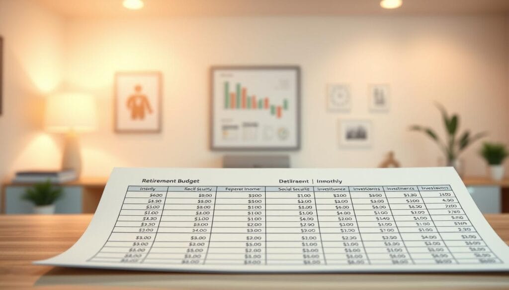 high-resolution, detailed illustration of a senior's retirement income planning baseline budget, featuring a clear, organized layout with a clean, professional aesthetic; in the foreground, a neatly arranged spreadsheet showing monthly income, expenses, and net balance; in the middle ground, icons and simple infographics depicting common retirement income sources like Social Security, pensions, investments, and savings; in the background, a soft, blurred office setting with minimal decor to keep the focus on the budgeting information; warm, neutral lighting from multiple angles to create depth and clarity; a sense of financial security, preparedness, and thoughtful planning.