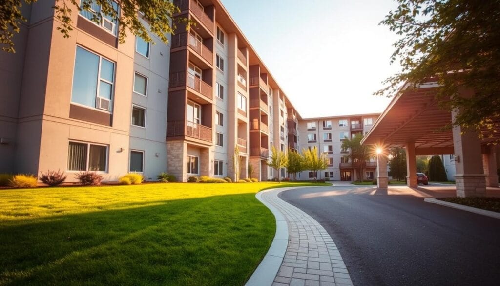 senior housing, exterior view of a multi-story apartment building with a modern, minimalist design featuring large windows, a well-manicured lawn, and a paved driveway leading to a covered entrance. The building is situated in a peaceful, suburban setting with lush greenery and a clear, bright sky. The lighting is warm and natural, creating a welcoming atmosphere. The image should convey a sense of comfort, security, and independence, reflecting the needs and desires of active older adults in the United States. senior housing, exterior view of a multi-story apartment building with a modern, minimalist design featuring large windows, a well-manicured lawn, and a paved driveway leading to a covered entrance. The building is situated in a peaceful, suburban setting with lush greenery and a clear, bright sky. The lighting is warm and natural, creating a welcoming atmosphere. The image should convey a sense of comfort, security, and independence, reflecting the needs and desires of active older adults in the United States.