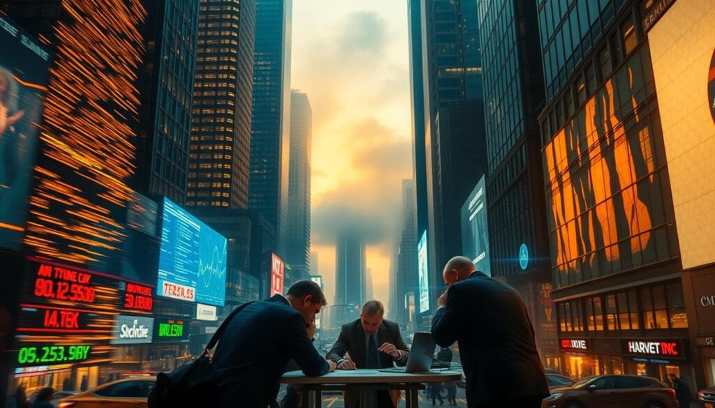A bustling financial district illuminated by warm, golden light streaming through towering glass skyscrapers. In the foreground, a jumbled display of stock tickers and market data flashes rapidly, conveying a sense of volatility and uncertainty. In the middle ground, a group of anxious investors huddled around a table, poring over charts and graphs, their faces etched with concern. The background is shrouded in a hazy fog, suggesting the unpredictable nature of the market. The overall atmosphere is one of tension and unease, reflecting the challenges of navigating market volatility during retirement. A bustling financial district illuminated by warm, golden light streaming through towering glass skyscrapers. In the foreground, a jumbled display of stock tickers and market data flashes rapidly, conveying a sense of volatility and uncertainty. In the middle ground, a group of anxious investors huddled around a table, poring over charts and graphs, their faces etched with concern. The background is shrouded in a hazy fog, suggesting the unpredictable nature of the market. The overall atmosphere is one of tension and unease, reflecting the challenges of navigating market volatility during retirement.