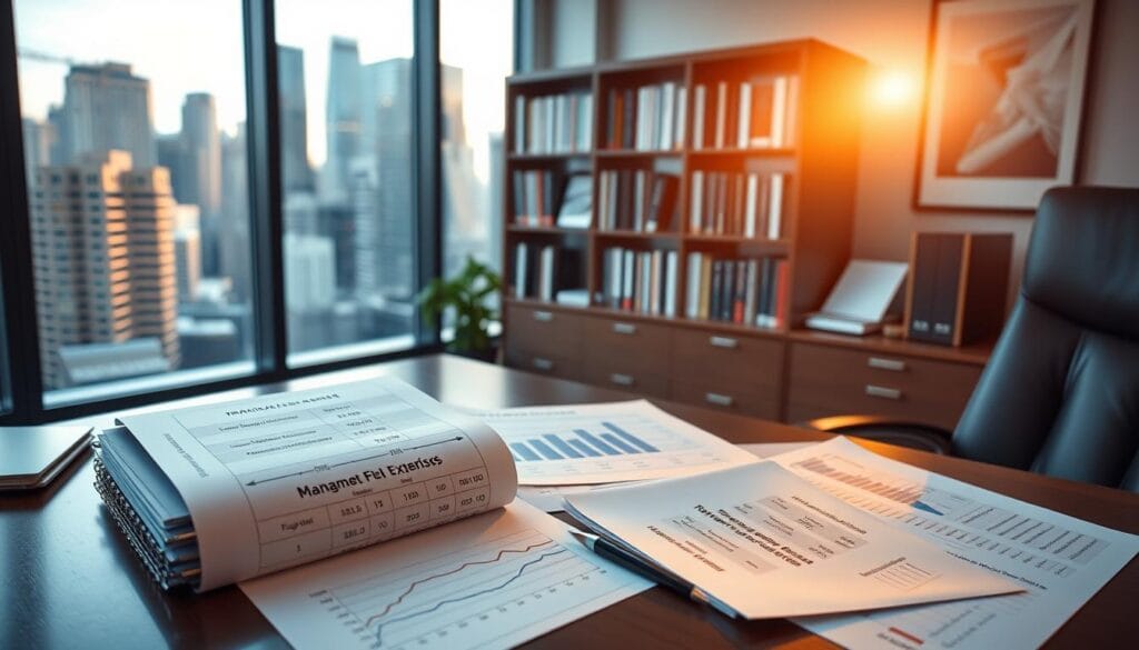 A clean, well-lit office setting with a professional investment advisor's desk in the foreground. On the desk, a variety of financial documents and charts depicting different fee structures, such as management fees, expense ratios, and transaction costs. In the middle ground, a bookshelf filled with financial planning resources. The background features a large window overlooking a vibrant cityscape, casting warm natural light across the scene. The atmosphere is one of informed financial expertise, with a sense of clarity and organization. The overall composition conveys the importance of understanding diverse fee structures when working with a local investment advisor.