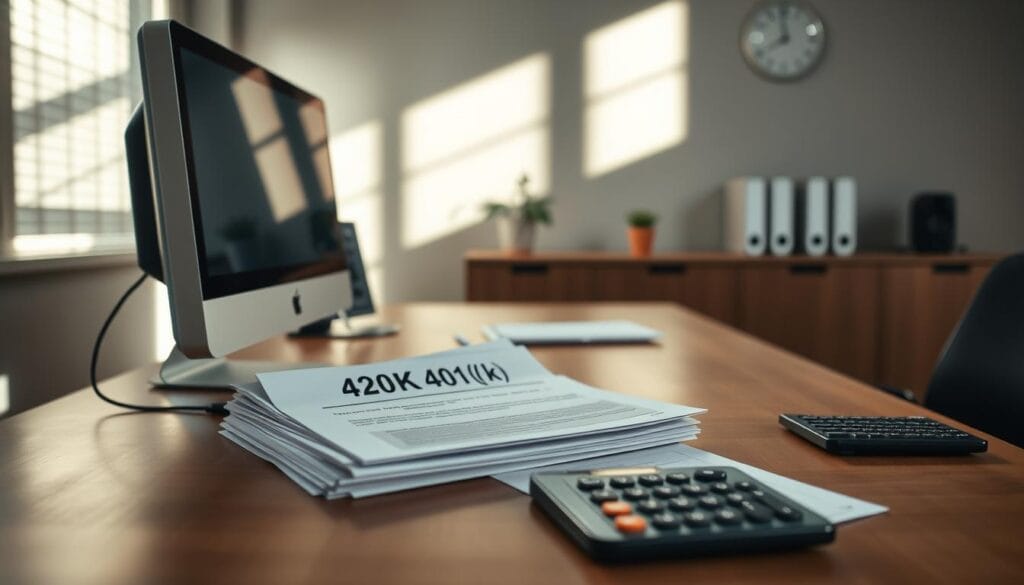 A clean, well-lit office space with a wooden desk and a modern computer setup. On the desk, a stack of 401(k) documents and a calculator, conveying the financial aspects of retirement planning. Soft, directional lighting casts subtle shadows, creating a sense of depth and professionalism. The scene captures the essence of understanding and managing a 401(k) account, essential for senior millennials planning for their financial future.