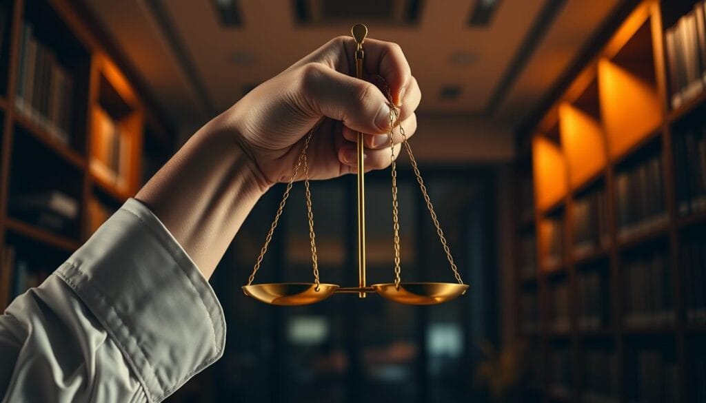 A confident hand firmly grasping a golden scale, symbolizing the unwavering fiduciary duty to act in the client's best interests. The background is a dimly lit office, with bookshelves lining the walls, conveying a sense of professionalism and expertise. Warm lighting casts a subtle glow, creating an atmosphere of trust and reliability. The composition is balanced, with the scale positioned at the center, drawing the viewer's attention to the core concept of fiduciary responsibility.