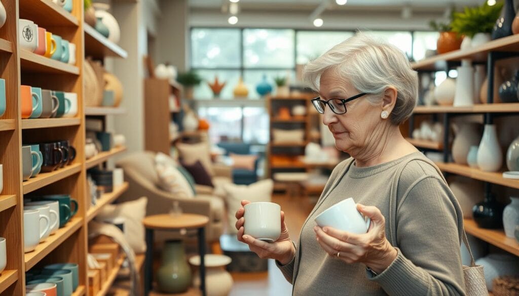 A cozy and inviting home goods store with an array of budget-friendly items neatly displayed on wooden shelves. In the foreground, a senior shopper carefully examines a set of colorful ceramic mugs, her expression contemplative. The middle ground features a variety of practical household essentials, from plush throw pillows to sleek vases, all curated to suit an older adult's tastes and needs. The background reveals a warm, well-lit space with large windows that flood the store with natural light, creating a sense of comfort and accessibility. The overall scene conveys a mood of thoughtful, affordable home goods shopping for the older generation. A cozy and inviting home goods store with an array of budget-friendly items neatly displayed on wooden shelves. In the foreground, a senior shopper carefully examines a set of colorful ceramic mugs, her expression contemplative. The middle ground features a variety of practical household essentials, from plush throw pillows to sleek vases, all curated to suit an older adult's tastes and needs. The background reveals a warm, well-lit space with large windows that flood the store with natural light, creating a sense of comfort and accessibility. The overall scene conveys a mood of thoughtful, affordable home goods shopping for the older generation.