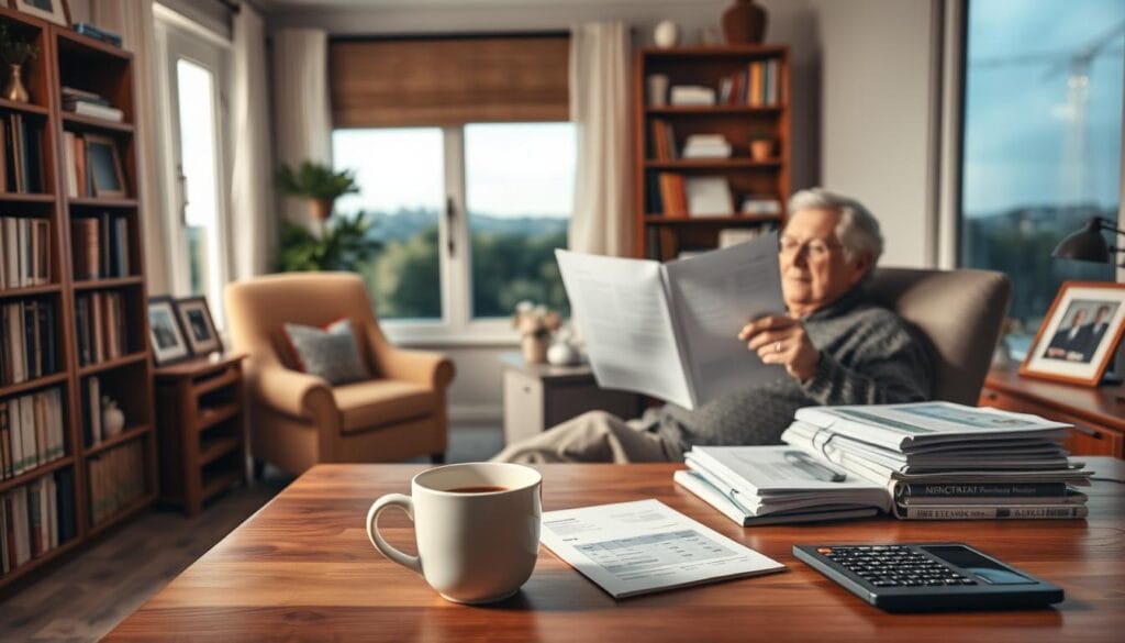 A cozy and inviting home office scene with a retiree reviewing financial documents on a laptop, surrounded by bookshelves, a comfortable armchair, and warm lighting. In the foreground, a cup of coffee and a calculator sit on a well-organized wooden desk. The middle ground features framed family photos and financial planning guides. In the background, a window overlooking a serene garden or cityscape creates a sense of tranquility and contemplation. The overall atmosphere conveys the benefits of working with a financial planner to plan for a secure and enjoyable retirement. A cozy and inviting home office scene with a retiree reviewing financial documents on a laptop, surrounded by bookshelves, a comfortable armchair, and warm lighting. In the foreground, a cup of coffee and a calculator sit on a well-organized wooden desk. The middle ground features framed family photos and financial planning guides. In the background, a window overlooking a serene garden or cityscape creates a sense of tranquility and contemplation. The overall atmosphere conveys the benefits of working with a financial planner to plan for a secure and enjoyable retirement.