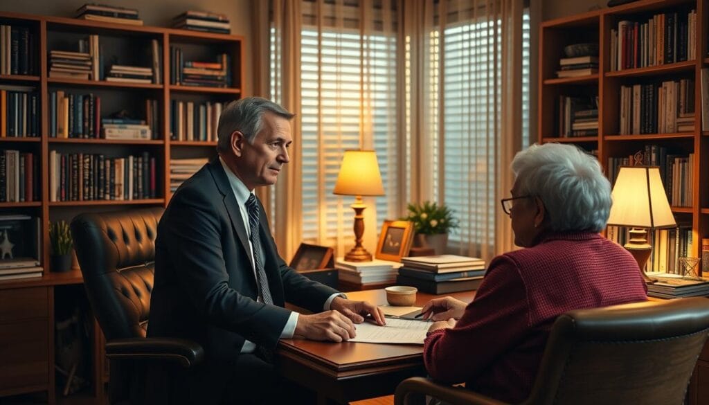 A cozy home office with a senior financial advisor sitting at a well-organized desk, surrounded by bookshelves and financial documents. Warm lighting from a desk lamp casts a soft glow, creating an atmosphere of expertise and trustworthiness. The advisor, dressed in a tailored suit, leans forward, engaged in a thoughtful discussion with a senior client seated across the desk. The scene conveys a sense of personalized attention and financial guidance for the older generation. A cozy home office with a senior financial advisor sitting at a well-organized desk, surrounded by bookshelves and financial documents. Warm lighting from a desk lamp casts a soft glow, creating an atmosphere of expertise and trustworthiness. The advisor, dressed in a tailored suit, leans forward, engaged in a thoughtful discussion with a senior client seated across the desk. The scene conveys a sense of personalized attention and financial guidance for the older generation.