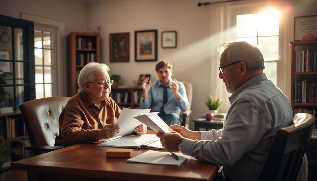 A cozy home office with an elder sitting at a wooden desk, intently reviewing financial documents. Warm natural lighting streams in through large windows, casting a soft glow on the scene. In the middle ground, a financial advisor sits across from the elder, gesturing animatedly as they discuss retirement planning strategies. The background features wall art and shelves filled with books, creating an atmosphere of trust and expertise. The overall mood is one of collaboration, guidance, and a sense of security about the elder's financial future.