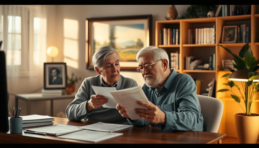 A cozy home office with an elderly couple reviewing financial documents and planning their retirement. Soft, warm lighting illuminates the scene, creating a contemplative mood. In the foreground, the couple sits at a wooden desk, intently studying papers and discussing their options. The background features bookshelves filled with financial guides, a framed landscape painting, and a potted plant, conveying a sense of stability and wisdom. The overall composition suggests a thoughtful, secure approach to senior financial planning. A cozy home office with an elderly couple reviewing financial documents and planning their retirement. Soft, warm lighting illuminates the scene, creating a contemplative mood. In the foreground, the couple sits at a wooden desk, intently studying papers and discussing their options. The background features bookshelves filled with financial guides, a framed landscape painting, and a potted plant, conveying a sense of stability and wisdom. The overall composition suggests a thoughtful, secure approach to senior financial planning.