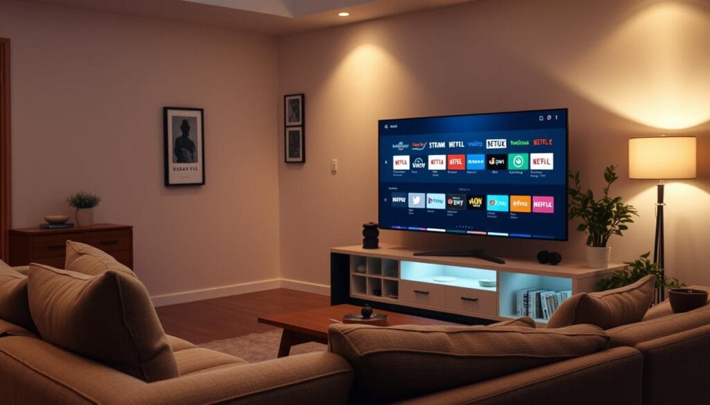 A cozy living room with a comfortable sofa, a modern TV stand displaying various streaming service logos, and a warm, inviting atmosphere. Soft, diffused lighting illuminates the scene, creating a relaxing ambiance. The TV screen displays a menu of popular streaming platforms, offering a wide range of entertainment options. The room is decorated with tasteful, minimalist accents, suggesting a practical and budget-friendly approach to enjoying entertainment.