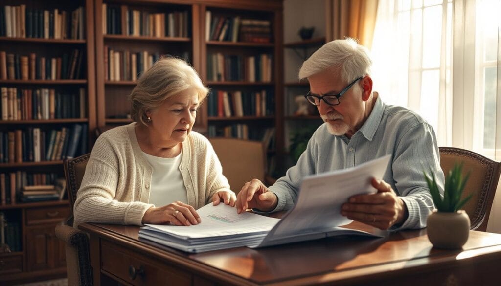 A cozy study filled with warm lighting and gentle textures. An elderly couple sits side-by-side, poring over financial documents and charts on a mahogany desk. The wife, in a soft cardigan, listens intently as her husband, wearing reading glasses, explains retirement planning strategies. Bookshelves line the walls, conveying a sense of wisdom and experience. Sunlight filters through sheer curtains, casting a serene glow over the scene. The composition emphasizes the couple's collaboration and the tranquil atmosphere of thoughtful financial consideration. A cozy study filled with warm lighting and gentle textures. An elderly couple sits side-by-side, poring over financial documents and charts on a mahogany desk. The wife, in a soft cardigan, listens intently as her husband, wearing reading glasses, explains retirement planning strategies. Bookshelves line the walls, conveying a sense of wisdom and experience. Sunlight filters through sheer curtains, casting a serene glow over the scene. The composition emphasizes the couple's collaboration and the tranquil atmosphere of thoughtful financial consideration.