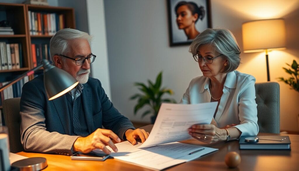 A cozy, well-lit office setting with a senior couple sitting at a desk, engrossed in financial documents and discussing their retirement plans. The man, dressed in a smart casual outfit, gestures towards the papers, while the woman, in a stylish blouse, listens attentively. Soft lighting from a desk lamp creates a warm, inviting atmosphere, and a bookshelf filled with financial planning guides sits in the background, hinting at the depth of knowledge required for this important life stage. The scene conveys a sense of focused collaboration and careful consideration of the financial decisions that will shape their golden years. A cozy, well-lit office setting with a senior couple sitting at a desk, engrossed in financial documents and discussing their retirement plans. The man, dressed in a smart casual outfit, gestures towards the papers, while the woman, in a stylish blouse, listens attentively. Soft lighting from a desk lamp creates a warm, inviting atmosphere, and a bookshelf filled with financial planning guides sits in the background, hinting at the depth of knowledge required for this important life stage. The scene conveys a sense of focused collaboration and careful consideration of the financial decisions that will shape their golden years.