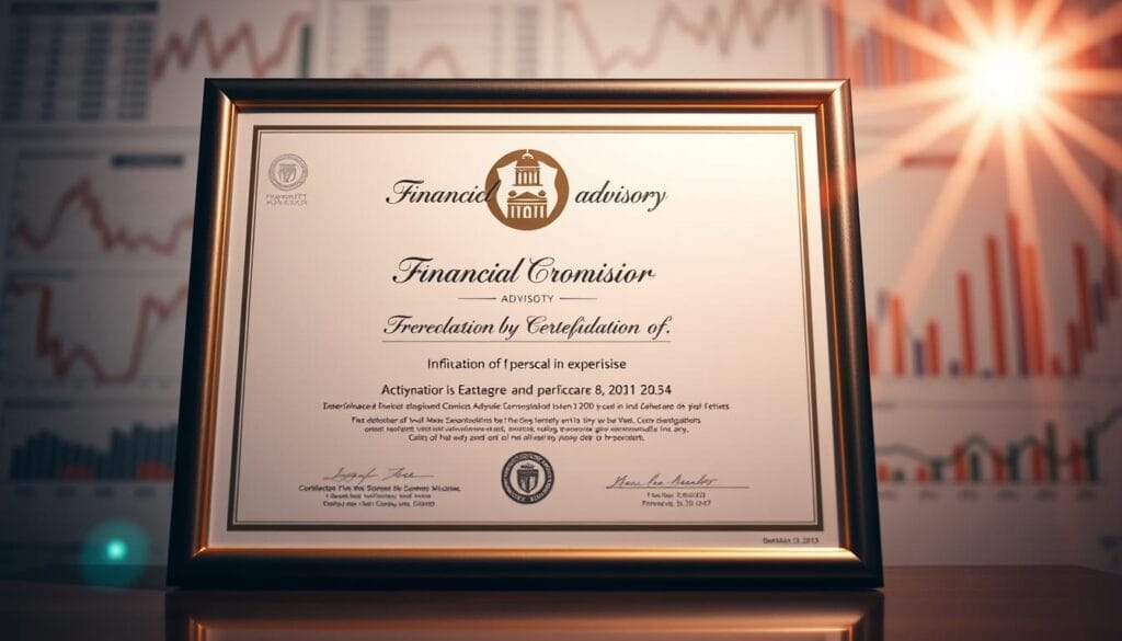 A crisp, elegantly framed certificate against a soft, blurred backdrop of financial graphs and charts. The certificate features the logo and name of a reputable financial advisory organization, along with the advisor's name, credentials, and areas of expertise in a clean, professional layout. Subtle lens flare in the top right corner adds a touch of refined sophistication. The lighting is warm and directional, casting a subtle glow on the certificate's surface. The overall composition conveys a sense of trust, expertise, and authority in the field of personal finance.