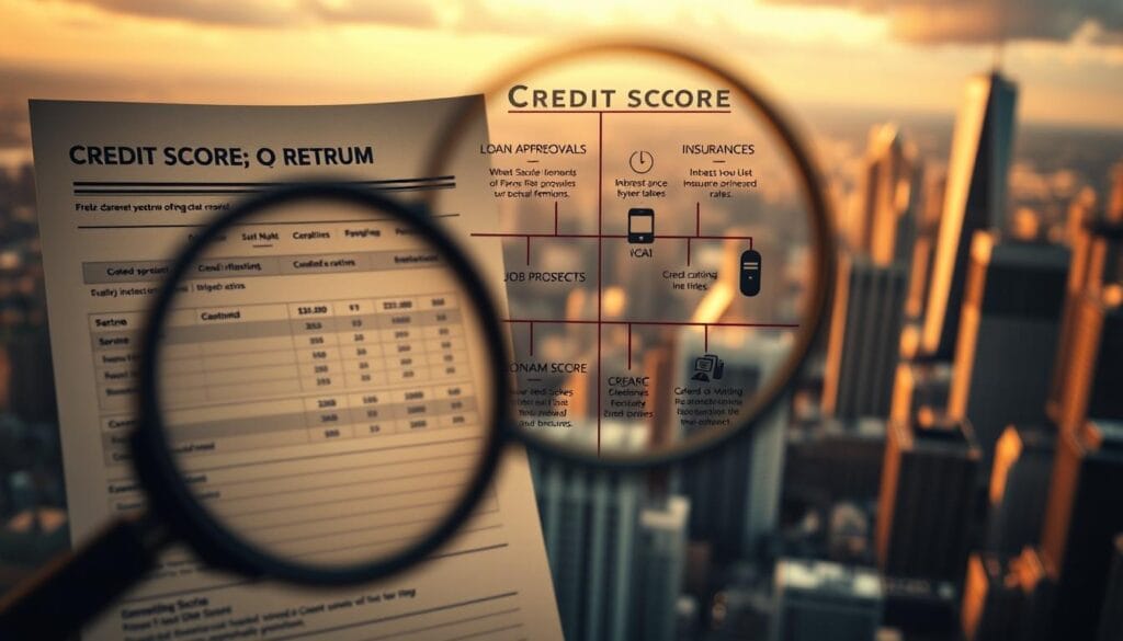 A detailed financial chart depicting the varied impact of credit score on an individual's financial life. Foreground features a magnifying glass closely examining a credit score report, showcasing the nuances and differences across the three major credit bureaus. Middle ground illustrates financial elements like loan approvals, interest rates, insurance premiums, and job prospects, all strongly influenced by the credit score spectrum. Background depicts a bustling cityscape, highlighting the far-reaching implications of credit score on one's overall financial well-being and quality of life. Warm lighting, shallow depth of field, and a contemplative atmosphere convey the gravity and importance of understanding credit score dynamics. A detailed financial chart depicting the varied impact of credit score on an individual's financial life. Foreground features a magnifying glass closely examining a credit score report, showcasing the nuances and differences across the three major credit bureaus. Middle ground illustrates financial elements like loan approvals, interest rates, insurance premiums, and job prospects, all strongly influenced by the credit score spectrum. Background depicts a bustling cityscape, highlighting the far-reaching implications of credit score on one's overall financial well-being and quality of life. Warm lighting, shallow depth of field, and a contemplative atmosphere convey the gravity and importance of understanding credit score dynamics.