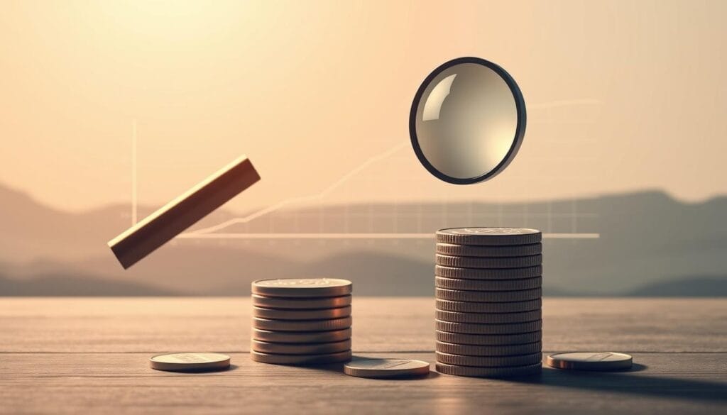 A detailed illustration of compound interest savings, featuring a crisp, clean design. In the foreground, a stack of coins with a magnifying glass hovering above, symbolizing the growth of investments. In the middle ground, a graph displaying exponential growth curves, with lines and gridlines in a soft, muted palette. The background depicts a serene, minimalist landscape with soft, warm lighting, highlighting the tranquility and stability of long-term savings. The overall composition conveys the power of consistent, disciplined saving and the potential for substantial growth over time.