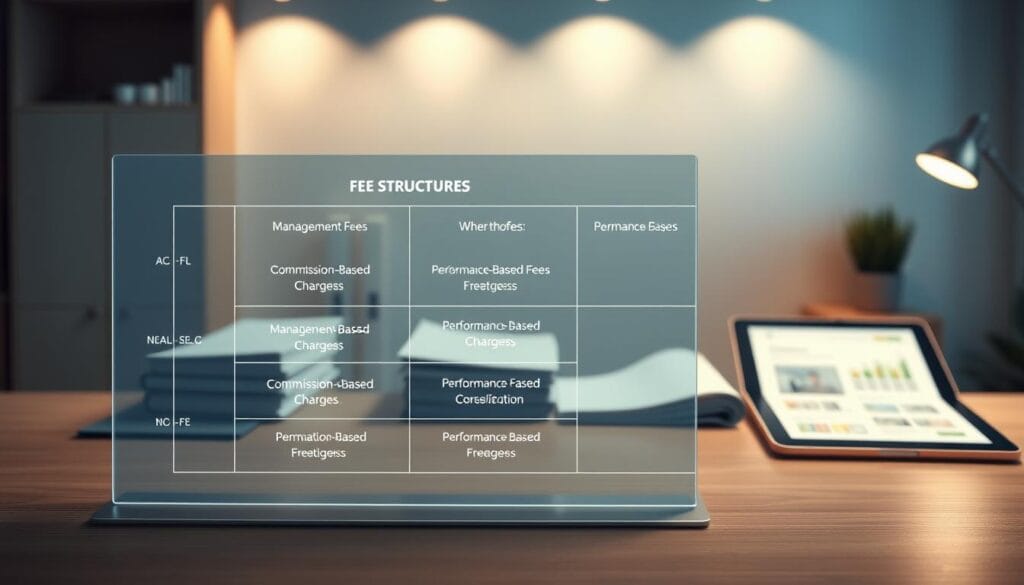 A detailed illustration of financial advisor fee structures, showcased on a modern, minimalist desktop setup. In the foreground, a transparent graph or chart displays the various fee components, such as management fees, commission-based charges, and performance-based fees. The middle ground features neatly organized financial documents, folders, and a tablet or laptop displaying relevant information. The background depicts a calm, office-like environment with subtle lighting, clean lines, and a sense of professionalism. The overall atmosphere conveys clarity, transparency, and a focus on understanding the complexities of financial advisor fee structures. A detailed illustration of financial advisor fee structures, showcased on a modern, minimalist desktop setup. In the foreground, a transparent graph or chart displays the various fee components, such as management fees, commission-based charges, and performance-based fees. The middle ground features neatly organized financial documents, folders, and a tablet or laptop displaying relevant information. The background depicts a calm, office-like environment with subtle lighting, clean lines, and a sense of professionalism. The overall atmosphere conveys clarity, transparency, and a focus on understanding the complexities of financial advisor fee structures.