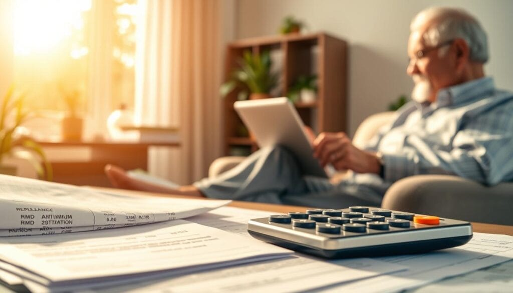 A detailed illustration of required minimum distributions (RMDs) for retirement accounts. In the foreground, a stack of financial documents and a calculator, symbolizing the calculations involved. In the middle ground, a retired person reviewing their portfolio on a laptop, considering RMD implications. The background features a serene, sun-dappled office setting with warm lighting, conveying a sense of contemplation and financial planning. The composition emphasizes the importance of managing retirement accounts and understanding tax obligations as part of a comprehensive financial strategy for seniors. A detailed illustration of required minimum distributions (RMDs) for retirement accounts. In the foreground, a stack of financial documents and a calculator, symbolizing the calculations involved. In the middle ground, a retired person reviewing their portfolio on a laptop, considering RMD implications. The background features a serene, sun-dappled office setting with warm lighting, conveying a sense of contemplation and financial planning. The composition emphasizes the importance of managing retirement accounts and understanding tax obligations as part of a comprehensive financial strategy for seniors.
