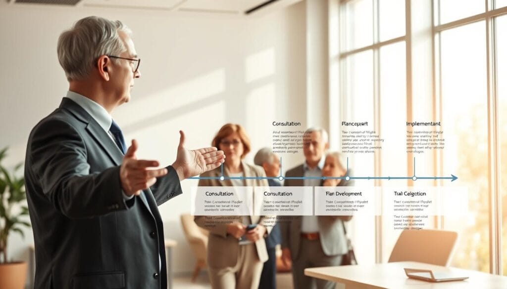 A detailed timeline infographic showcasing the typical investment planning process for retirees. In the foreground, a well-dressed financial advisor gestures towards a sleek, minimalist timeline with key milestones such as "Consultation", "Plan Development", and "Implementation". The middle ground features retirees of diverse ages and backgrounds, engaged in thoughtful discussion with the advisor. The background depicts a serene, sun-lit office space with floor-to-ceiling windows, creating a sense of professionalism and trustworthiness. The overall mood is one of confidence, clarity, and a smooth, well-structured investment journey.