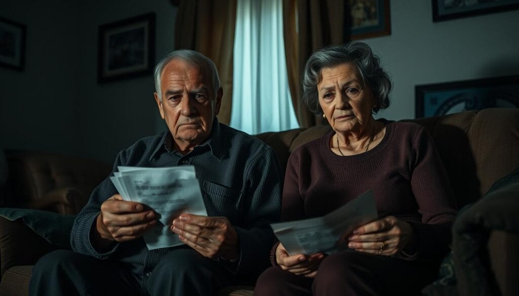 A dimly lit interior scene of a modest living room, with an elderly couple sitting on a worn couch, their faces etched with worry. The man, his brow furrowed, holds a stack of bills, while the woman, her hands trembling, clutches a letter. Soft, muted lighting casts long shadows, conveying a somber, pensive atmosphere. The room is sparsely furnished, with a few framed family photos on the walls, hinting at a once-vibrant life now overshadowed by financial strain. The couple's posture and expressions reflect the emotional weight of their circumstances, capturing the impact of reduced funding on senior grandparents and their communities. A dimly lit interior scene of a modest living room, with an elderly couple sitting on a worn couch, their faces etched with worry. The man, his brow furrowed, holds a stack of bills, while the woman, her hands trembling, clutches a letter. Soft, muted lighting casts long shadows, conveying a somber, pensive atmosphere. The room is sparsely furnished, with a few framed family photos on the walls, hinting at a once-vibrant life now overshadowed by financial strain. The couple's posture and expressions reflect the emotional weight of their circumstances, capturing the impact of reduced funding on senior grandparents and their communities.
