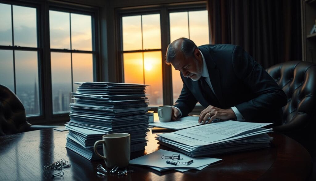 A dimly lit law office, plush leather chairs cast in dramatic shadows. On the desk, a towering stack of financial documents, paperclips and coffee mugs, reflecting the weight of high-asset divorce complexities. Through the window, a cityscape shrouded in a hazy, golden sunset - a metaphor for the uncertainty and emotional turmoil. The air is thick with tension, the mood somber yet determined, as two seasoned divorce attorneys lean in, poring over the fine print, navigating the labyrinth of assets, investments and property divisions. This is the high-stakes arena where the fates of fortunes and legacies are decided. A dimly lit law office, plush leather chairs cast in dramatic shadows. On the desk, a towering stack of financial documents, paperclips and coffee mugs, reflecting the weight of high-asset divorce complexities. Through the window, a cityscape shrouded in a hazy, golden sunset - a metaphor for the uncertainty and emotional turmoil. The air is thick with tension, the mood somber yet determined, as two seasoned divorce attorneys lean in, poring over the fine print, navigating the labyrinth of assets, investments and property divisions. This is the high-stakes arena where the fates of fortunes and legacies are decided.