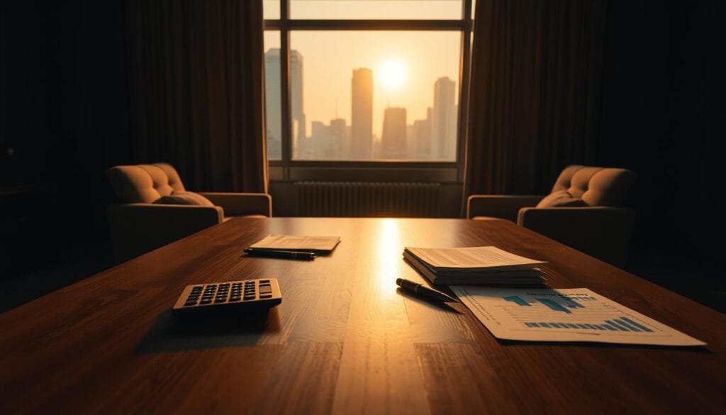 A dimly lit office interior, with a wooden desk in the foreground and two comfortable chairs facing each other. On the desk, a calculator, a pen, and several financial documents are neatly arranged, suggesting a recent meeting. The background features a large window overlooking a cityscape, casting a warm, golden glow throughout the room. The lighting is soft and directional, creating a sense of focus and seriousness. The overall atmosphere is one of thoughtful contemplation, as if the viewer is about to engage in a meaningful financial discussion. A dimly lit office interior, with a wooden desk in the foreground and two comfortable chairs facing each other. On the desk, a calculator, a pen, and several financial documents are neatly arranged, suggesting a recent meeting. The background features a large window overlooking a cityscape, casting a warm, golden glow throughout the room. The lighting is soft and directional, creating a sense of focus and seriousness. The overall atmosphere is one of thoughtful contemplation, as if the viewer is about to engage in a meaningful financial discussion.