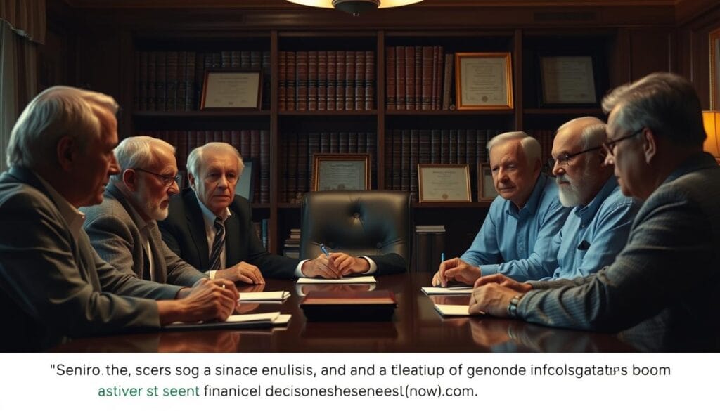 A dimly lit office setting, with senior business owners gathered around a mahogany conference table, deep in discussion. Soft, warm lighting casts shadows across their weathered faces, conveying a sense of contemplation and gravitas. In the background, a bookshelf filled with legal tomes and framed certificates hints at the weight of estate planning decisions they face. The scene is captured from a low angle, emphasizing the authority and experience of the individuals present, as they navigate the unique financial challenges of their stage in life and business.