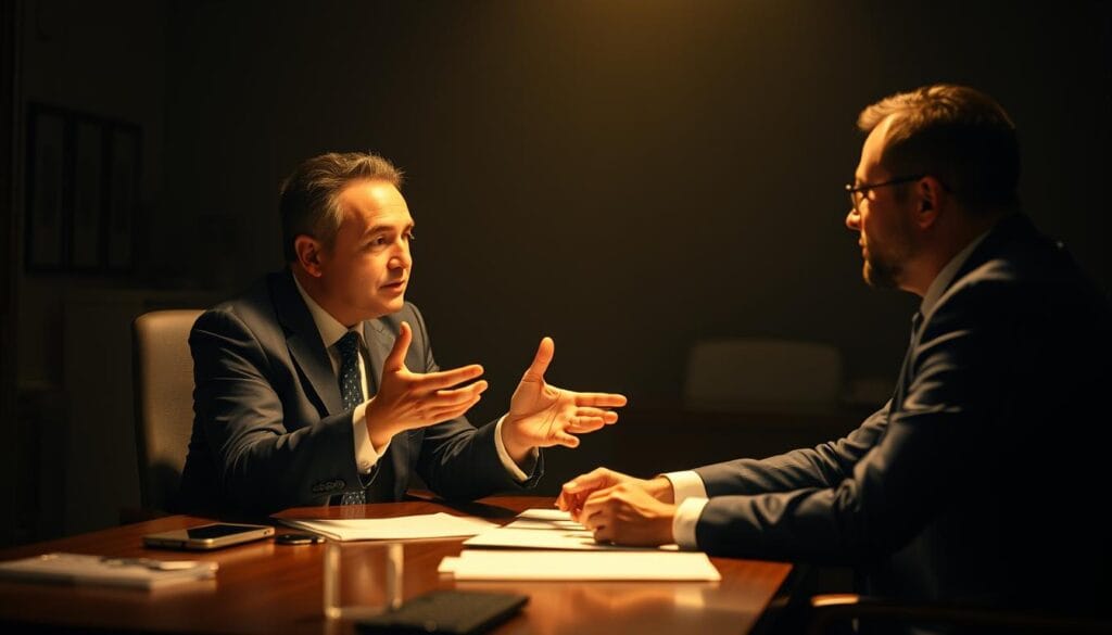 A dimly lit office setting, with two people sitting at a desk engaged in a serious discussion. The financial advisor, dressed in a crisp suit, leans forward intently, gesturing as they explain complex financial concepts to the client, a well-dressed professional seeking guidance. Warm, directional lighting casts subtle shadows, creating an atmosphere of trust and confidence. The background is slightly blurred, emphasizing the focal point of the interaction. The scene conveys a sense of professionalism, expertise, and the advisor's dedication to providing personalized, thoughtful financial advice.
