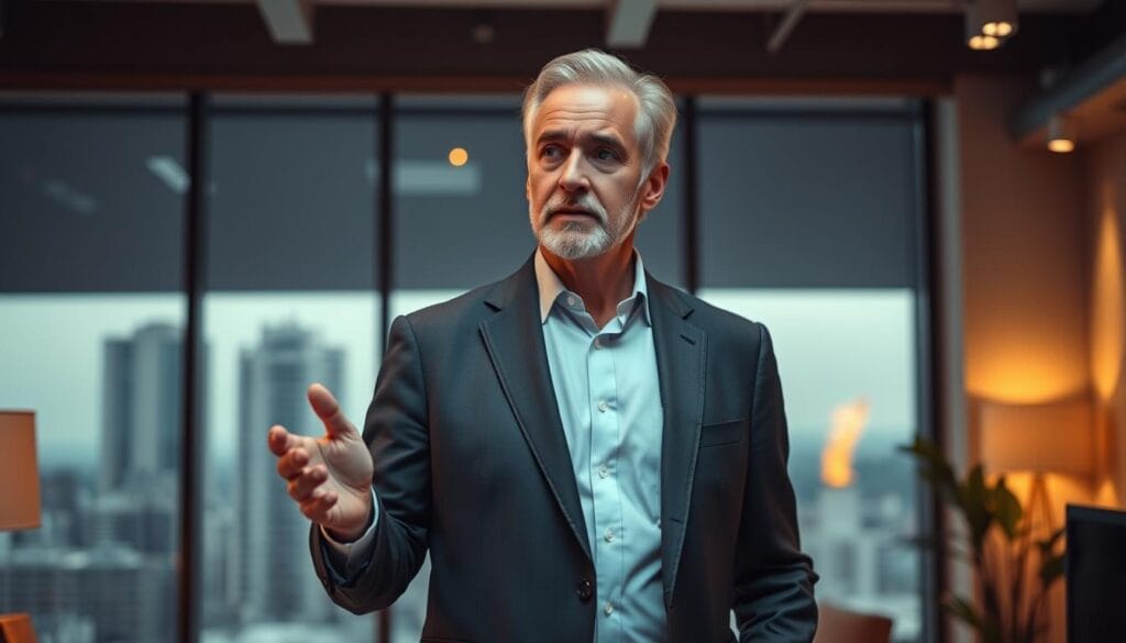 A distinguished-looking middle-aged man in a well-tailored suit standing confidently in a modern, well-appointed office. Warm, indirect lighting casts a thoughtful glow on his face as he gestures with an air of authority. The background features a large window overlooking a cityscape, hinting at his deep industry knowledge and connections. An air of professionalism and trustworthiness emanates from the scene, inviting the viewer to imagine seeking his expertise.