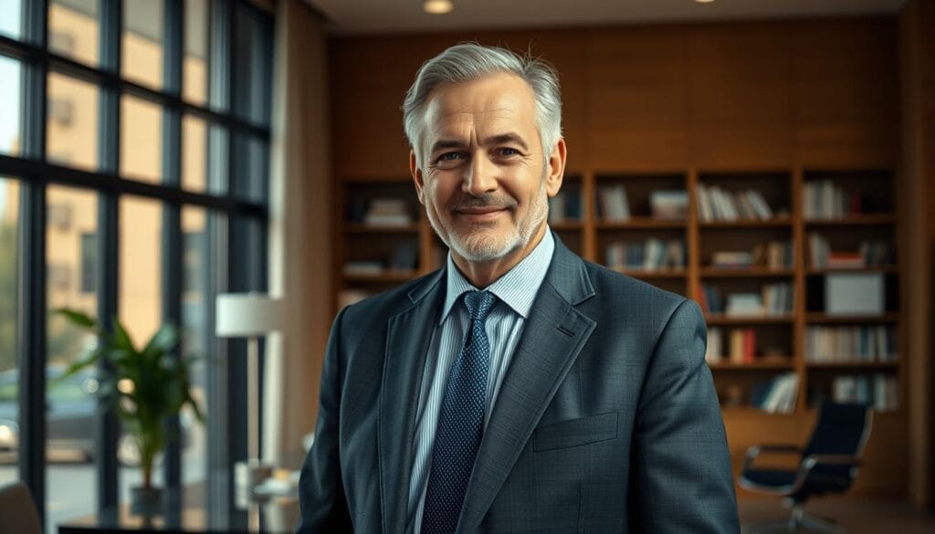 A distinguished-looking middle-aged man in a well-tailored suit, standing in a modern office with floor-to-ceiling windows, an elegant desk, and bookshelves in the background. His expression is calm and reassuring, conveying a sense of trustworthiness and financial expertise. Soft, directional lighting illuminates his face, creating a warm and approachable atmosphere. The overall scene exudes an air of professionalism, stability, and financial acumen, befitting a trusted wealth manager.