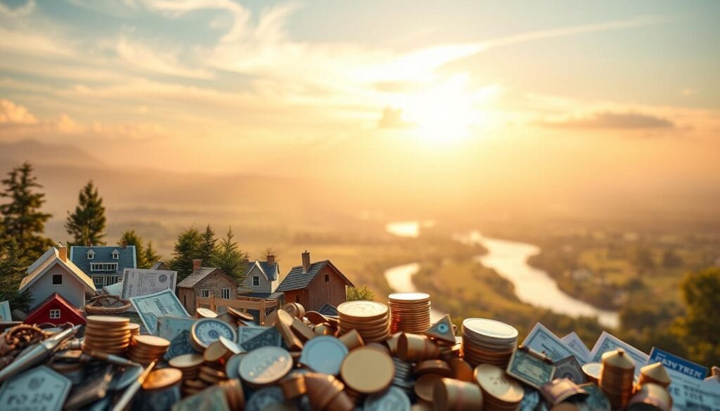 A diverse portfolio of investments arranged in a harmonious composition. In the foreground, a mix of financial instruments - stocks, bonds, real estate, and alternative assets - symbolize a well-diversified retirement strategy. The middle ground features a serene landscape with a winding river, representing the stable and long-term nature of the investments. In the background, a warm, golden light filters through wispy clouds, creating a sense of security and prosperity. The overall mood is one of thoughtful planning, risk mitigation, and financial resilience, reflecting the priorities of a retiree seeking to protect their hard-earned savings. A diverse portfolio of investments arranged in a harmonious composition. In the foreground, a mix of financial instruments - stocks, bonds, real estate, and alternative assets - symbolize a well-diversified retirement strategy. The middle ground features a serene landscape with a winding river, representing the stable and long-term nature of the investments. In the background, a warm, golden light filters through wispy clouds, creating a sense of security and prosperity. The overall mood is one of thoughtful planning, risk mitigation, and financial resilience, reflecting the priorities of a retiree seeking to protect their hard-earned savings.