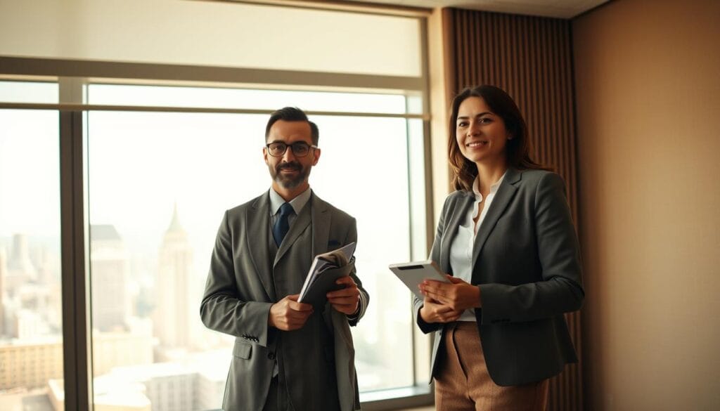 A financial advisor and a financial planner, standing in a minimalist office, bathed in warm, diffused lighting. The advisor, in a tailored suit, exudes confidence and authority, while the planner, in a casual yet professional ensemble, radiates a sense of approachability and empathy. The background features a panoramic window overlooking a bustling cityscape, symbolizing the broader financial landscape they navigate. Subtle details, like a stack of documents and a tablet, suggest their analytical capabilities. The composition conveys the distinct roles and approaches of these two financial professionals. A financial advisor and a financial planner, standing in a minimalist office, bathed in warm, diffused lighting. The advisor, in a tailored suit, exudes confidence and authority, while the planner, in a casual yet professional ensemble, radiates a sense of approachability and empathy. The background features a panoramic window overlooking a bustling cityscape, symbolizing the broader financial landscape they navigate. Subtle details, like a stack of documents and a tablet, suggest their analytical capabilities. The composition conveys the distinct roles and approaches of these two financial professionals.