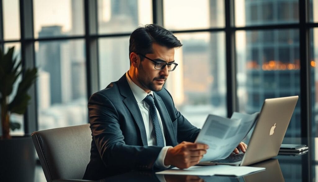 A financial advisor sitting at a desk, reviewing financial documents and using a laptop in a modern, well-lit office. The advisor is dressed professionally in a suit and tie, with a focused, thoughtful expression. The office has large windows overlooking a cityscape, creating a sense of sophistication and authority. The lighting is warm and indirect, casting subtle shadows and highlights on the advisor's face and the paperwork on the desk. The camera angle is slightly elevated, giving the viewer a sense of the advisor's expertise and trustworthiness.