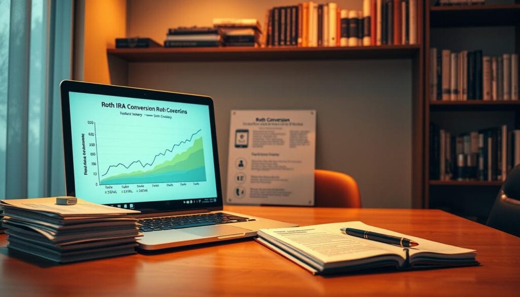 A financial advisor's desk, illuminated by warm, indirect lighting, showcases a Roth IRA conversion strategy concept. In the foreground, a laptop displays a graph visualizing the potential benefits of a Roth conversion, with various investment options and tax scenarios highlighted. Atop the desk, a stack of financial documents and a pen provide a sense of the analytical process. The middle ground features a succinct infographic outlining the key steps and considerations for a successful Roth conversion. In the background, a wall-mounted bookshelf filled with finance-related literature creates an atmosphere of expertise and diligence. The overall scene conveys a professional, thoughtful approach to Roth IRA conversion planning for high-income seniors. A financial advisor's desk, illuminated by warm, indirect lighting, showcases a Roth IRA conversion strategy concept. In the foreground, a laptop displays a graph visualizing the potential benefits of a Roth conversion, with various investment options and tax scenarios highlighted. Atop the desk, a stack of financial documents and a pen provide a sense of the analytical process. The middle ground features a succinct infographic outlining the key steps and considerations for a successful Roth conversion. In the background, a wall-mounted bookshelf filled with finance-related literature creates an atmosphere of expertise and diligence. The overall scene conveys a professional, thoughtful approach to Roth IRA conversion planning for high-income seniors.