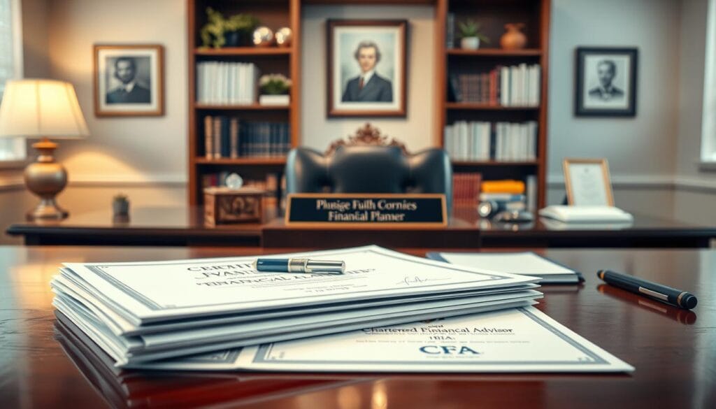 A finely crafted image depicting the essential credentials of a professional fiduciary. In the foreground, a stack of official documents and certificates, including a Certified Financial Planner (CFP) certification, Registered Investment Advisor (RIA) license, and Chartered Financial Analyst (CFA) credential, all resting on a polished wooden desk. The middle ground showcases a tasteful nameplate with the fiduciary's name and qualifications, set against a backdrop of a well-organized office with bookshelves and tasteful decor. The lighting is warm and inviting, creating a sense of trust and expertise. The overall composition conveys the fiduciary's commitment to professionalism, ethics, and the highest standards of financial advisory services.