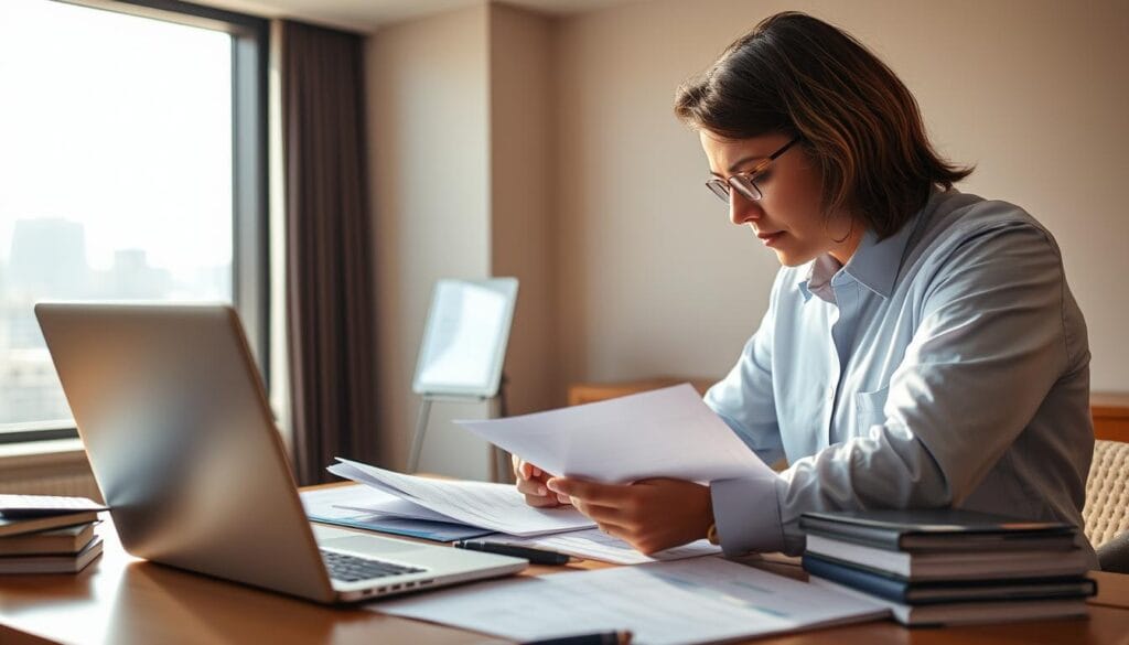 A forensic accountant examines financial records in a sunlit office, analyzing documents and spreadsheets with a discerning eye. The middle ground showcases a well-organized desk, with a laptop, calculator, and stacks of files, hinting at the meticulous nature of their work. In the background, a large window overlooks a cityscape, suggesting the high-stakes context of divorce asset disclosure. The lighting is warm and inviting, creating a professional yet contemplative atmosphere, as the forensic accountant navigates the intricacies of complex financial situations. A forensic accountant examines financial records in a sunlit office, analyzing documents and spreadsheets with a discerning eye. The middle ground showcases a well-organized desk, with a laptop, calculator, and stacks of files, hinting at the meticulous nature of their work. In the background, a large window overlooks a cityscape, suggesting the high-stakes context of divorce asset disclosure. The lighting is warm and inviting, creating a professional yet contemplative atmosphere, as the forensic accountant navigates the intricacies of complex financial situations.