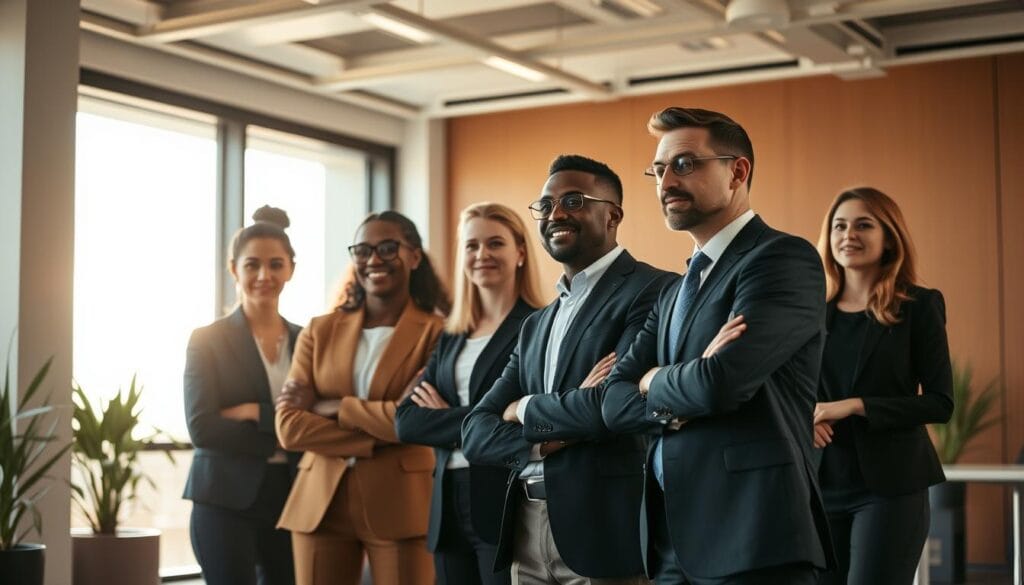 A group of diverse financial advisors standing in a modern office, dressed in professional attire and exuding an air of authority and trustworthiness. The scene is bathed in warm, natural lighting from floor-to-ceiling windows, casting a soft glow on their faces. Their expressions convey a sense of dedication and expertise as they discuss financial plans and strategies with clients. In the background, sleek, minimalist decor and state-of-the-art technology suggest a sophisticated, client-centric environment where fiduciary principles are upheld. The overall impression is one of competence, transparency, and a commitment to serving the best interests of the individuals they advise.