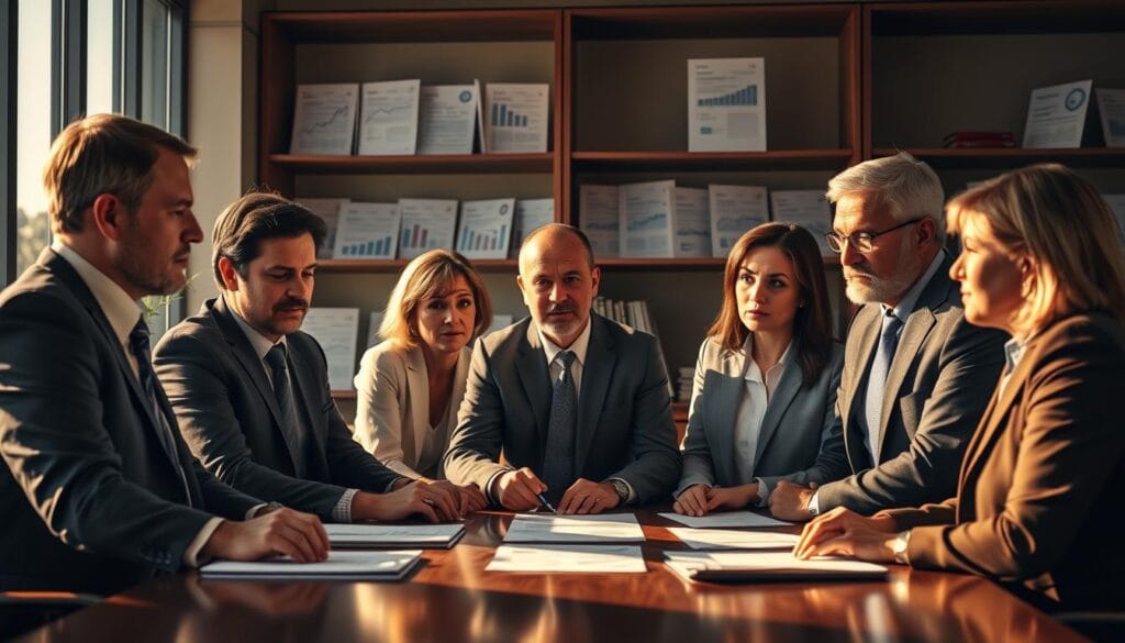A group of professional financial advisors gathered around a conference table, discussing investment strategies and portfolio management with serious expressions. The scene is illuminated by warm, natural lighting from large windows, casting a soft glow on their faces. The advisors are dressed in business attire, conveying an air of expertise and authority. In the background, there are shelves filled with financial reports and charts, creating a sense of a well-appointed office. The overall atmosphere is one of thoughtful deliberation and diligent stewardship of client assets. A group of professional financial advisors gathered around a conference table, discussing investment strategies and portfolio management with serious expressions. The scene is illuminated by warm, natural lighting from large windows, casting a soft glow on their faces. The advisors are dressed in business attire, conveying an air of expertise and authority. In the background, there are shelves filled with financial reports and charts, creating a sense of a well-appointed office. The overall atmosphere is one of thoughtful deliberation and diligent stewardship of client assets.