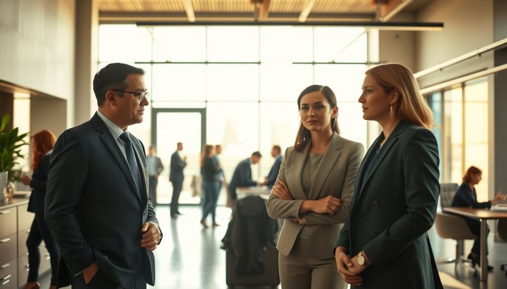 A group of well-dressed financial professionals standing in a modern office setting, bathed in warm, natural lighting from large windows. The foreground features three individuals - a man and two women - engaged in a serious discussion, their expressions focused and their body language conveying a sense of authority and expertise. In the middle ground, additional colleagues can be seen moving about, working at desks or conferring in small groups. The background showcases a sleek, minimalist decor with clean lines, muted colors, and subtle accents that evoke a professional, forward-thinking atmosphere. The overall scene suggests a dynamic, collaborative environment where financial experts provide guidance and solutions. A group of well-dressed financial professionals standing in a modern office setting, bathed in warm, natural lighting from large windows. The foreground features three individuals - a man and two women - engaged in a serious discussion, their expressions focused and their body language conveying a sense of authority and expertise. In the middle ground, additional colleagues can be seen moving about, working at desks or conferring in small groups. The background showcases a sleek, minimalist decor with clean lines, muted colors, and subtle accents that evoke a professional, forward-thinking atmosphere. The overall scene suggests a dynamic, collaborative environment where financial experts provide guidance and solutions.