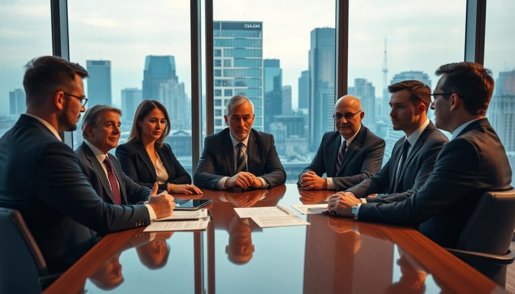 A group of well-dressed, serious-looking individuals gathered around a conference table, engaged in a financial discussion. The scene is set in a modern, well-appointed office with large windows overlooking a bustling city skyline. The lighting is soft and professional, casting a warm glow on the faces of the financial advisors. The camera angle is slightly elevated, providing a comprehensive view of the scene, emphasizing the importance and expertise of the advisors. The overall mood is one of thoughtfulness, authority, and a commitment to providing sound financial guidance. A group of well-dressed, serious-looking individuals gathered around a conference table, engaged in a financial discussion. The scene is set in a modern, well-appointed office with large windows overlooking a bustling city skyline. The lighting is soft and professional, casting a warm glow on the faces of the financial advisors. The camera angle is slightly elevated, providing a comprehensive view of the scene, emphasizing the importance and expertise of the advisors. The overall mood is one of thoughtfulness, authority, and a commitment to providing sound financial guidance.