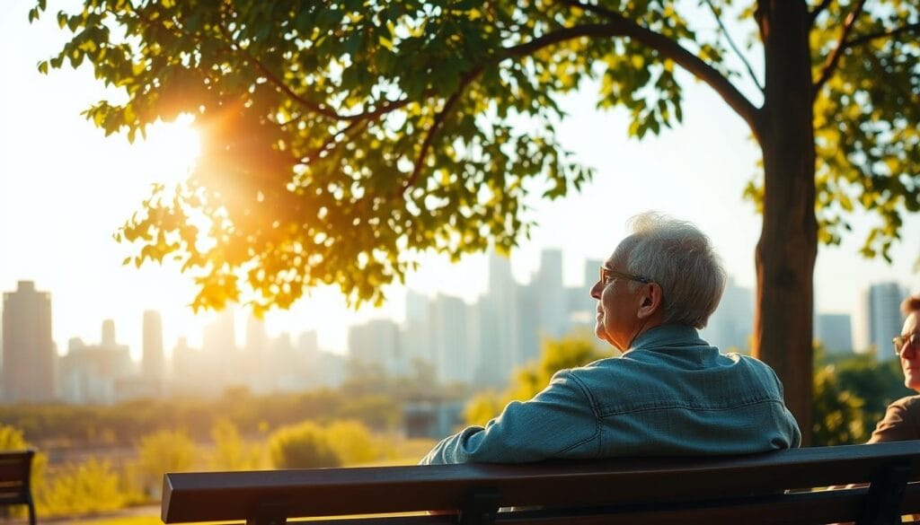 A mature couple sitting on a park bench, gazing thoughtfully into the distance. Warm afternoon sunlight filters through the leaves of a nearby tree, casting a gentle glow on their faces. In the background, a sprawling city skyline with modern high-rises and lush greenery. The couple's posture and expressions convey a sense of tranquility and contemplation, reflecting the thoughtful nature of retirement planning. The scene is captured with a shallow depth of field, emphasizing the focal point of the couple and softening the urban backdrop. A timeless, serene atmosphere that evokes the importance of careful financial preparation for one's golden years.