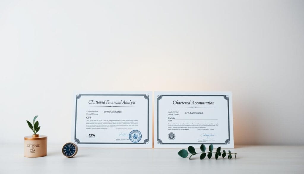 A meticulously arranged still life showcasing the essential financial certifications: Chartered Financial Analyst (CFA), Certified Financial Planner (CFP), Certified Public Accountant (CPA), and Chartered Accountant (CA). The certifications are displayed against a clean, minimalist backdrop, with a warm, soft lighting highlighting their professional insignia. The scene conveys a sense of authority, expertise, and the rigorous standards required to earn these prestigious designations. The overall composition emphasizes the importance of these certifications for financial advisors seeking to demonstrate their competence and commitment to their craft. A meticulously arranged still life showcasing the essential financial certifications: Chartered Financial Analyst (CFA), Certified Financial Planner (CFP), Certified Public Accountant (CPA), and Chartered Accountant (CA). The certifications are displayed against a clean, minimalist backdrop, with a warm, soft lighting highlighting their professional insignia. The scene conveys a sense of authority, expertise, and the rigorous standards required to earn these prestigious designations. The overall composition emphasizes the importance of these certifications for financial advisors seeking to demonstrate their competence and commitment to their craft.