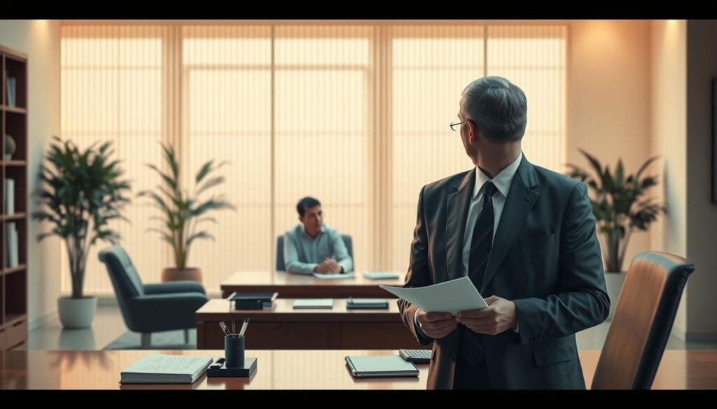 A meticulously detailed illustration of the legal obligations and ethical duties of a fiduciary, captured in a cinematic, high-resolution scene. In the foreground, a well-dressed financial advisor stands at a desk, documents and a calculator in hand, conveying a sense of diligence and responsibility. The middle ground features a client seated across the desk, engaged in a serious discussion, trust and transparency radiating between them. The background showcases a lush, minimalist office environment, with warm lighting and a subtle, calming color palette, evoking a professional, yet approachable atmosphere. The overall composition emphasizes the fiduciary's commitment to acting in the client's best interests, with a focus on the legal and ethical principles that guide their actions.