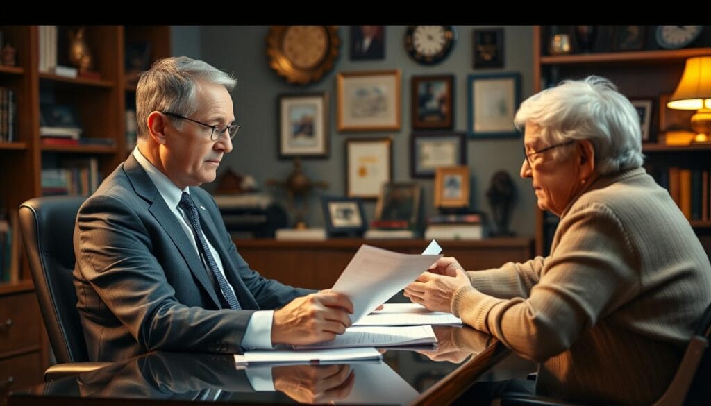 A middle-aged man in a suit and tie sits at a desk, focused on reviewing financial documents. The lighting is warm and inviting, casting a soft glow on his face as he consults with a retired couple seated across from him. The background depicts a cozy office space with bookshelves, awards, and personal mementos, conveying a sense of trust and expertise. The scene suggests a personalized, in-depth financial consultation, in contrast to the impersonal nature of online investment services.