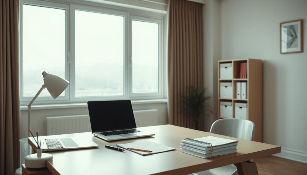 A minimalist, well-lit home office with a neatly organized desk showcasing essential financial planning tools - a laptop, a financial calculator, a pen and notebook, and a stack of documents. The desk is positioned in front of a large window, allowing natural light to flood the space and create a calming, focused atmosphere. The room has clean, modern decor with muted tones, complementing the professional yet approachable vibe. The overall impression is of a thoughtfully designed space that facilitates efficient financial planning and decision-making.